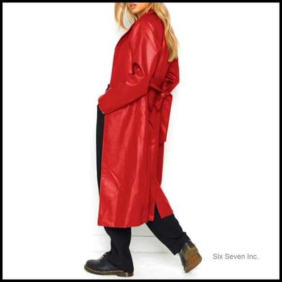 Faux Leather Trench Coat Elegant Chic Lapel Open Front Long Belted - Picture 4 of 7